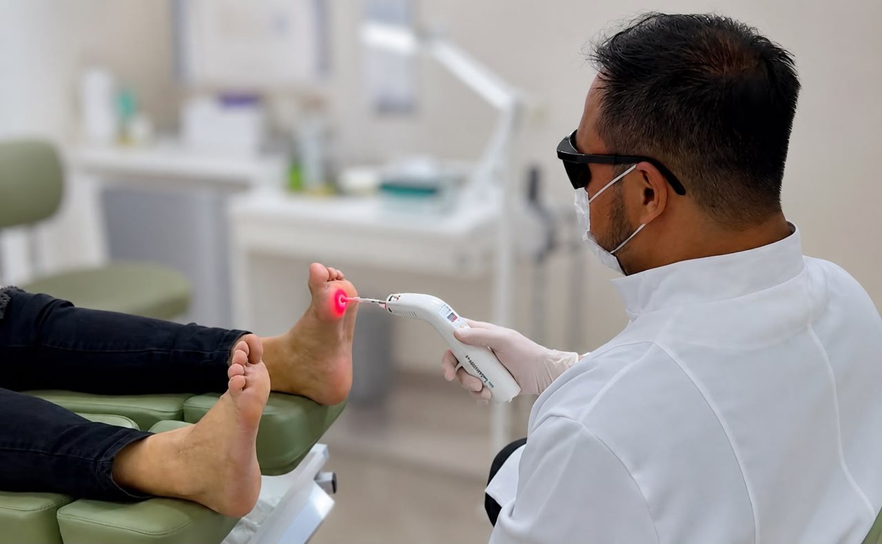 Aplicação de laser no pé diabético